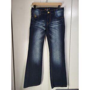Southpole Womens Y2K Bootcut Jeans SZ 9 Blue Denim Gold Embroidered Rose Detail